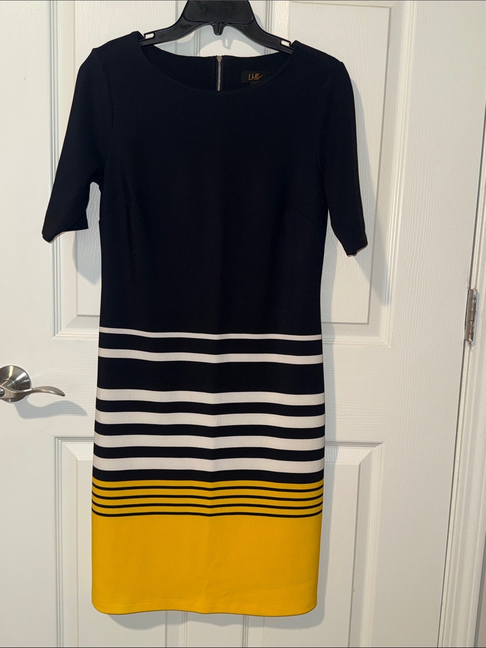 LIFE Black, White & Yellow Striped Midi Sheath Dress